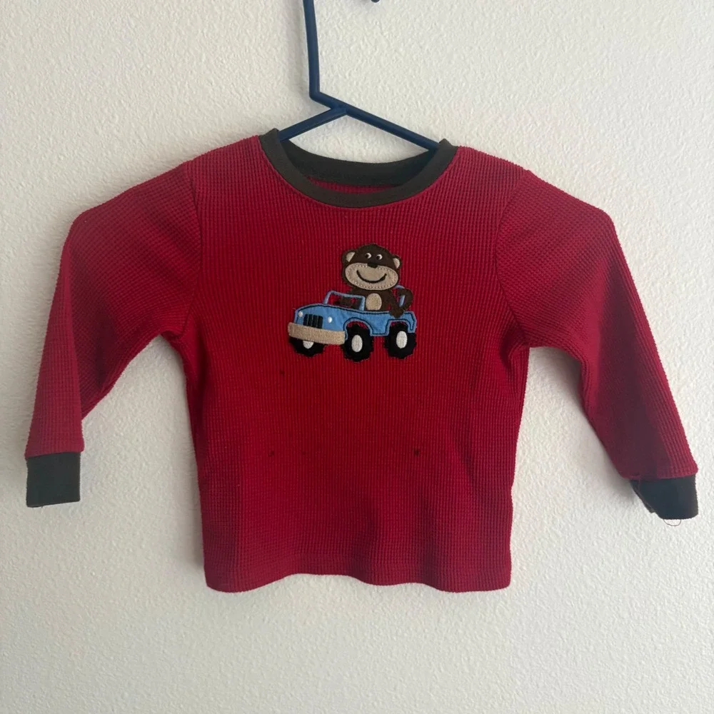 Carters Boys 3T Red Waffle Knit Thermal Pajama Top Monkey Truck Graphic AMG0432